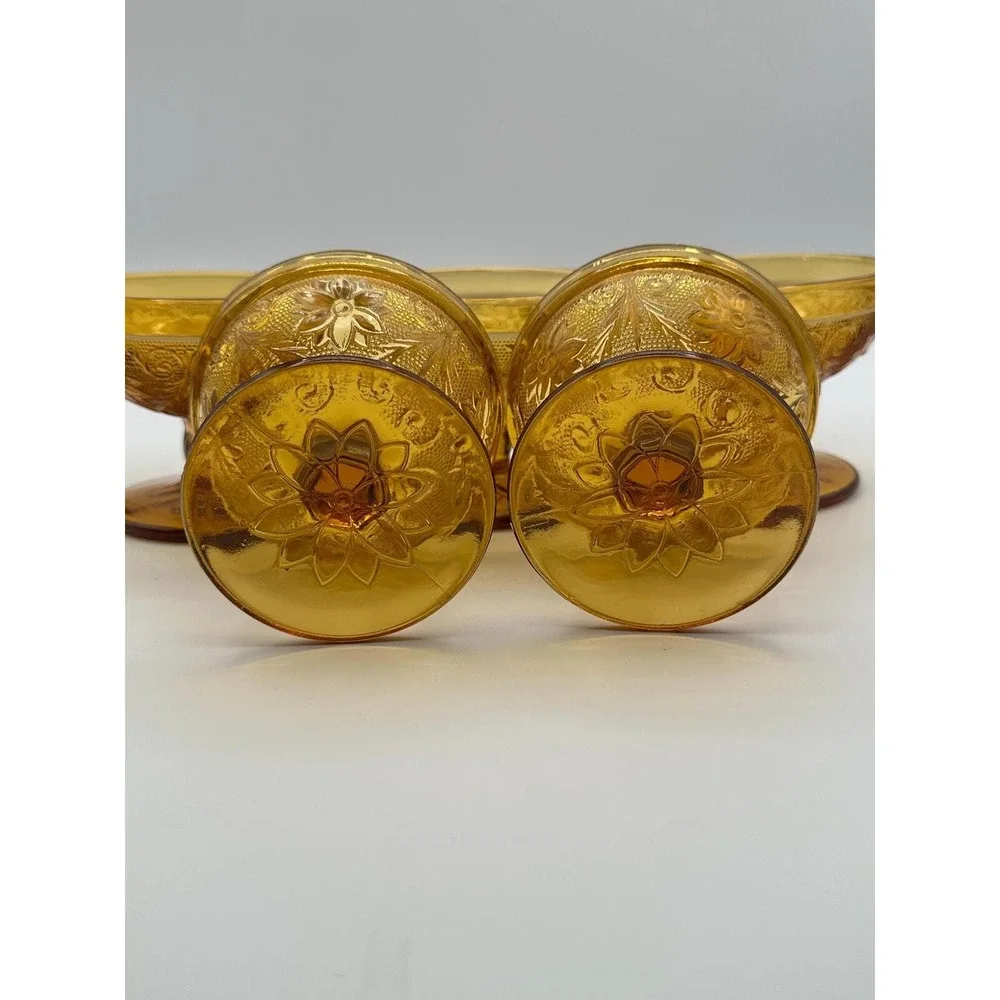 Vintage Amber Glass Dessert Set — 5 Sherbet Cups & 6 Plates, MCM Glassware